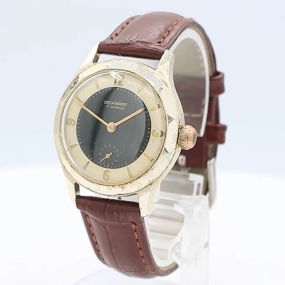 Vintage Delaware Reverse Tuxedo Men\'s Mechanical Wristwatch 1002 Swiss Gold Tone